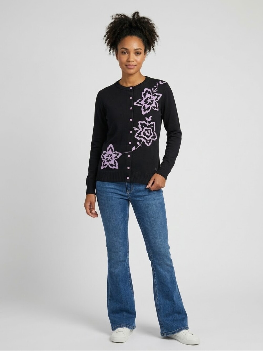 Cracked Wheat Black Purple Floral Knit Cardigan Sweater Small Y2K
